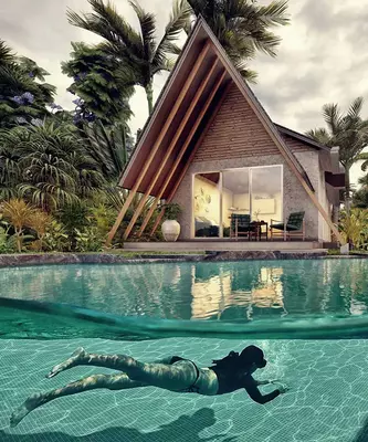 Pool side architectural rendering studio services design view Idea Beach side hotel resort home commercia