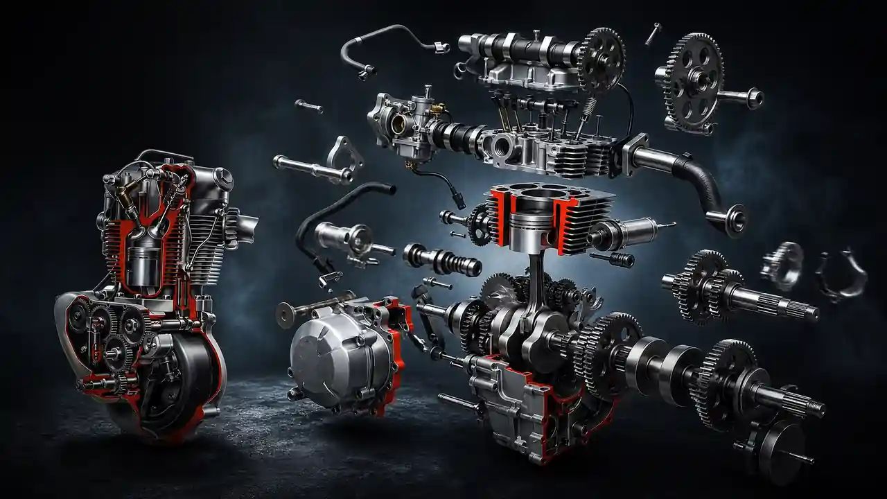 Exploded 3D engine assembly with cutaway mechanical components