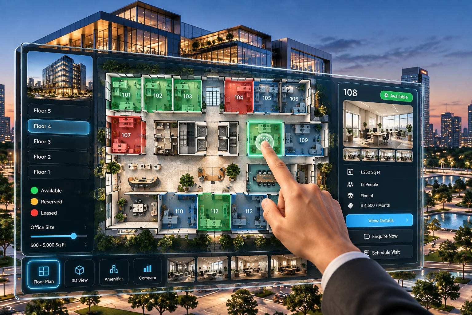 Interactive office leasing command center with selectable office floor plan, availability, office details, 3D views and enquiry tools
