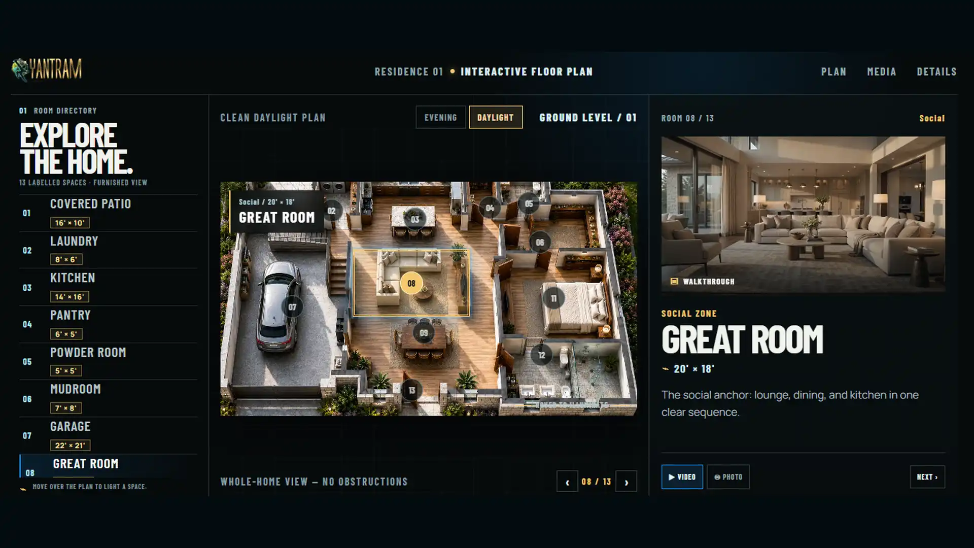 Interactive 3D floor plan and room-by-room property explorer by Yantram Studio