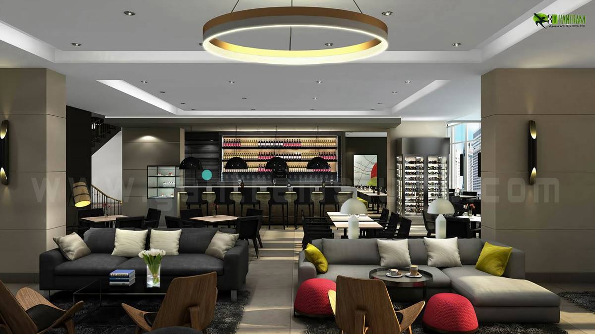 Glamorous Living 3D Hotel Bar Interior Design View
