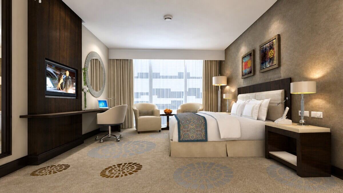 Modern Scandinavian Hotel Room Night View