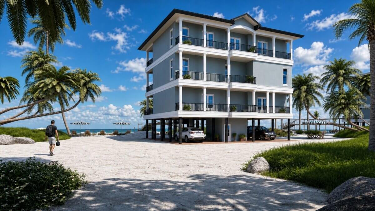 Modern 3D Exterior Beach House Rendering Perspective View