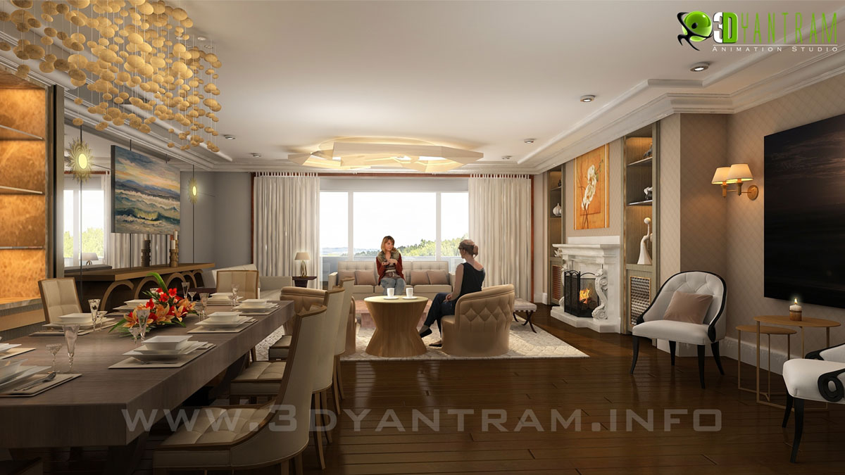 3d Interior Rendering of Modern 3D Living Room by Yantram Interior Design Studio, Krakow, Poland