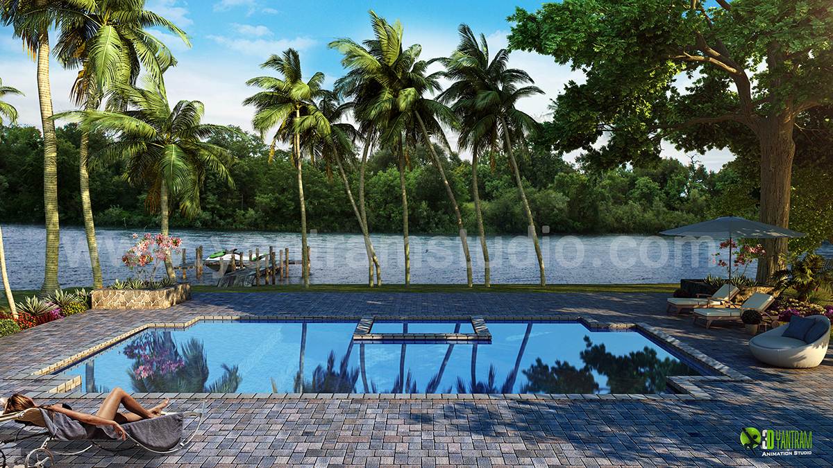 Exterior 3D Home with Pool and River View Concepts