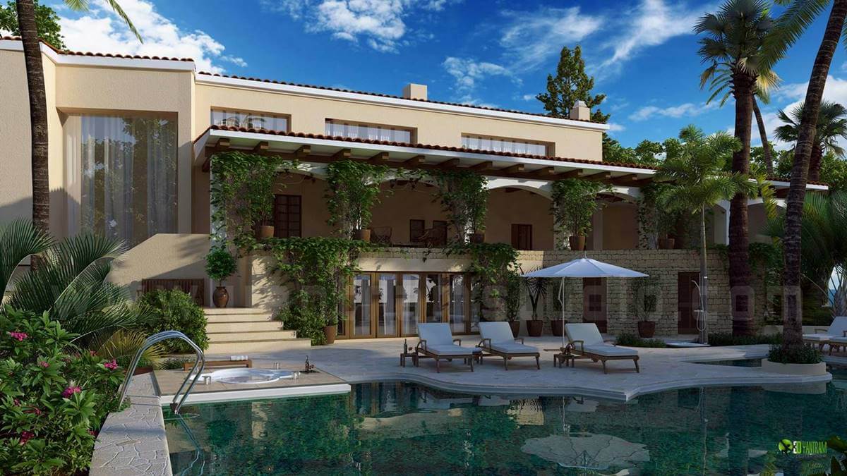 architectural rendering service to Modern 3D Home with Exterior Pool Design View Idea by Yantram Architectural Design Studio, Guadalajara, Mexico