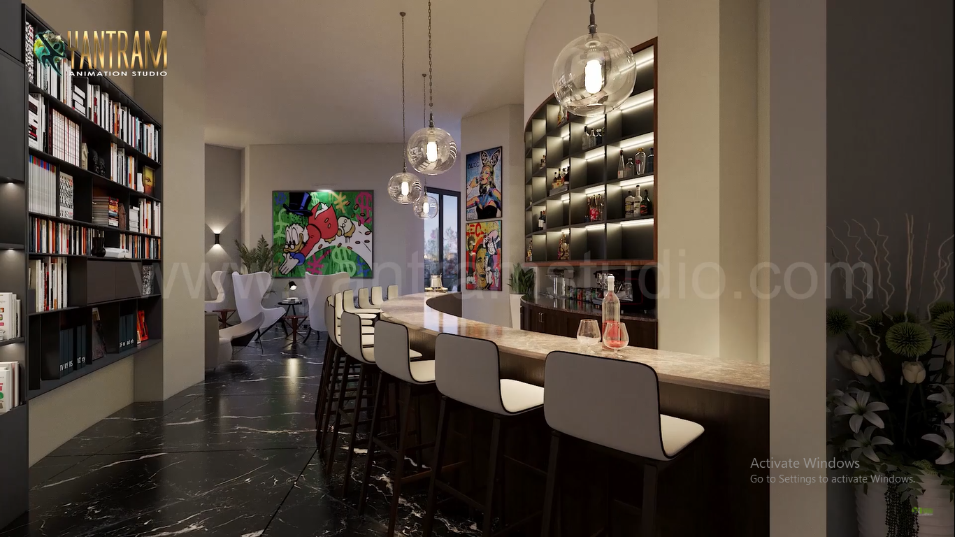 Bar Table In Gorgeous Restaurant of architectural 3d walkthrough