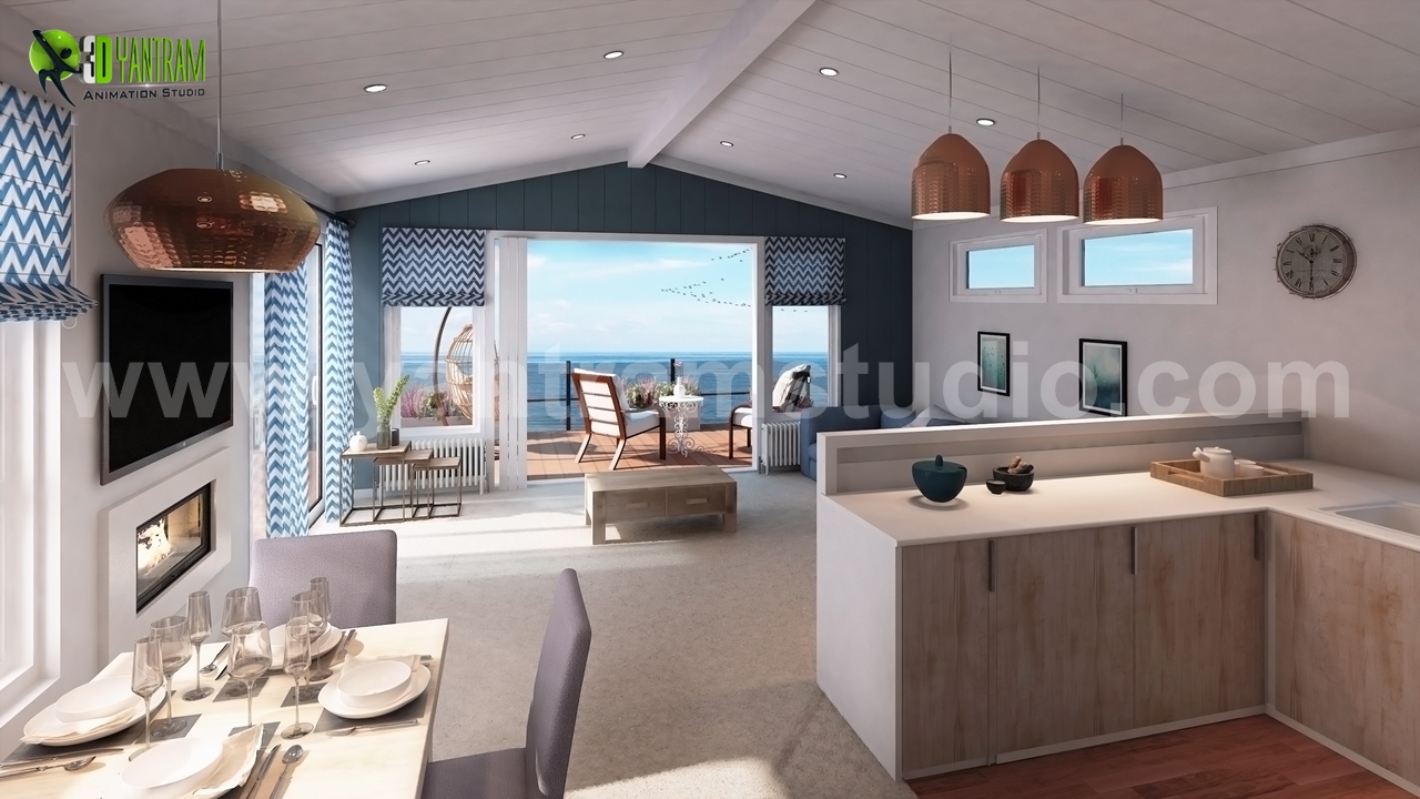 3d interior rendering to Modern Kitchen and living Room by Yantram Interior Design Studio, Boston – USA