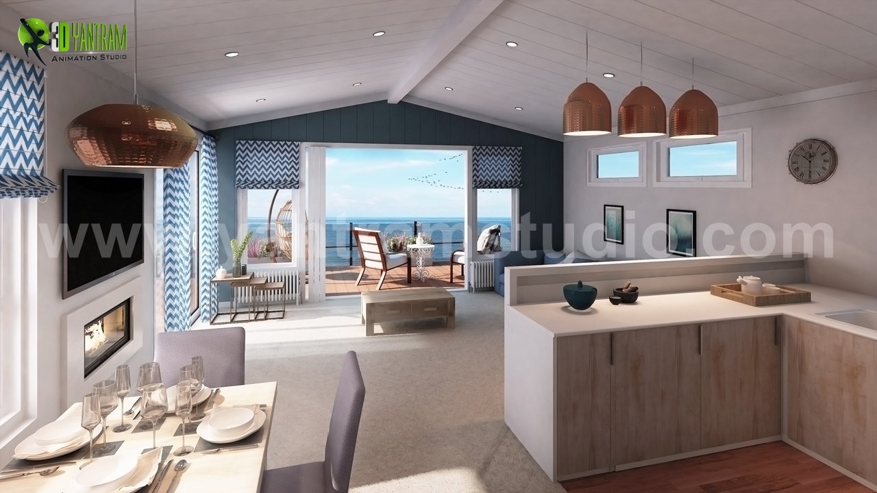 Modern Kitchen and living Room of 3d interior rendering , Boston - USA