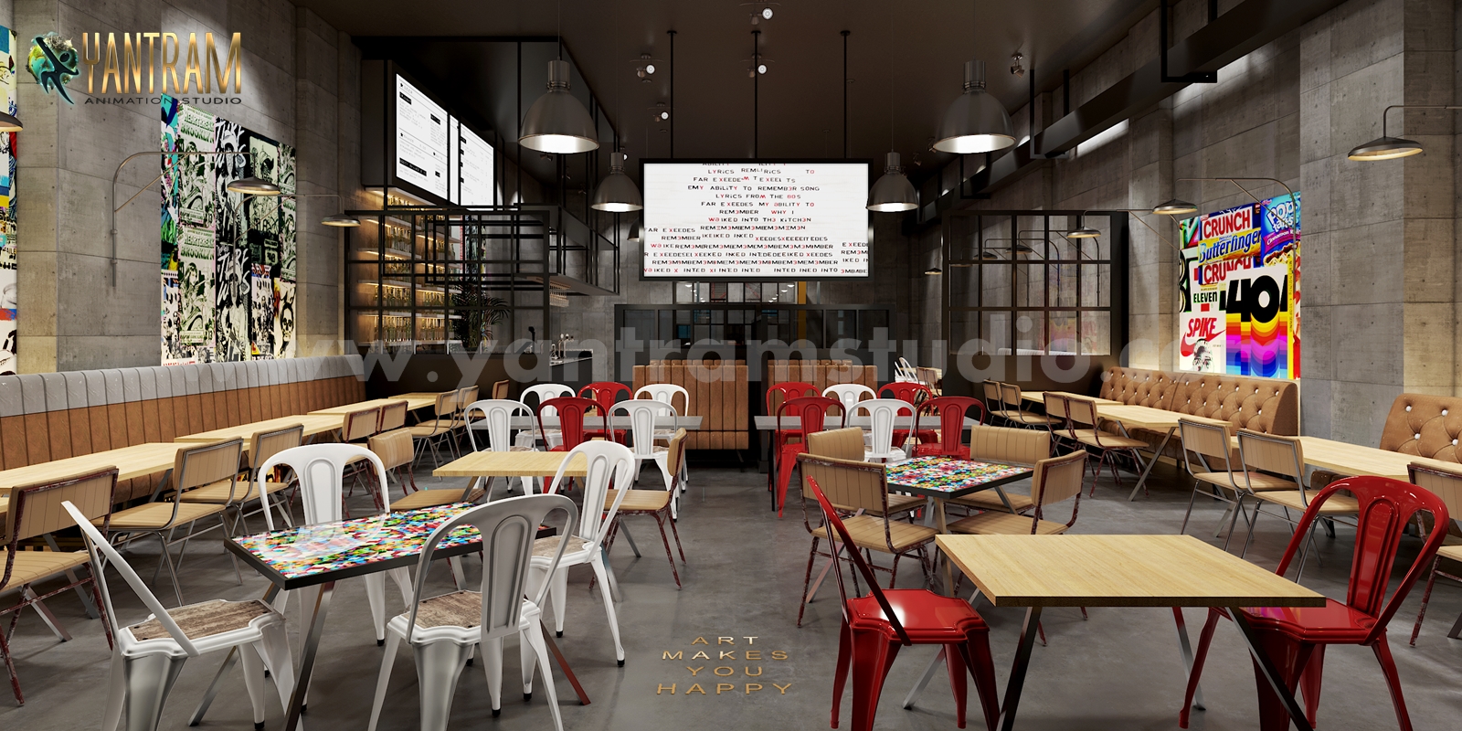 3D Interior Modeling of Architectural Cafe Design with seating area , Rome – Italy