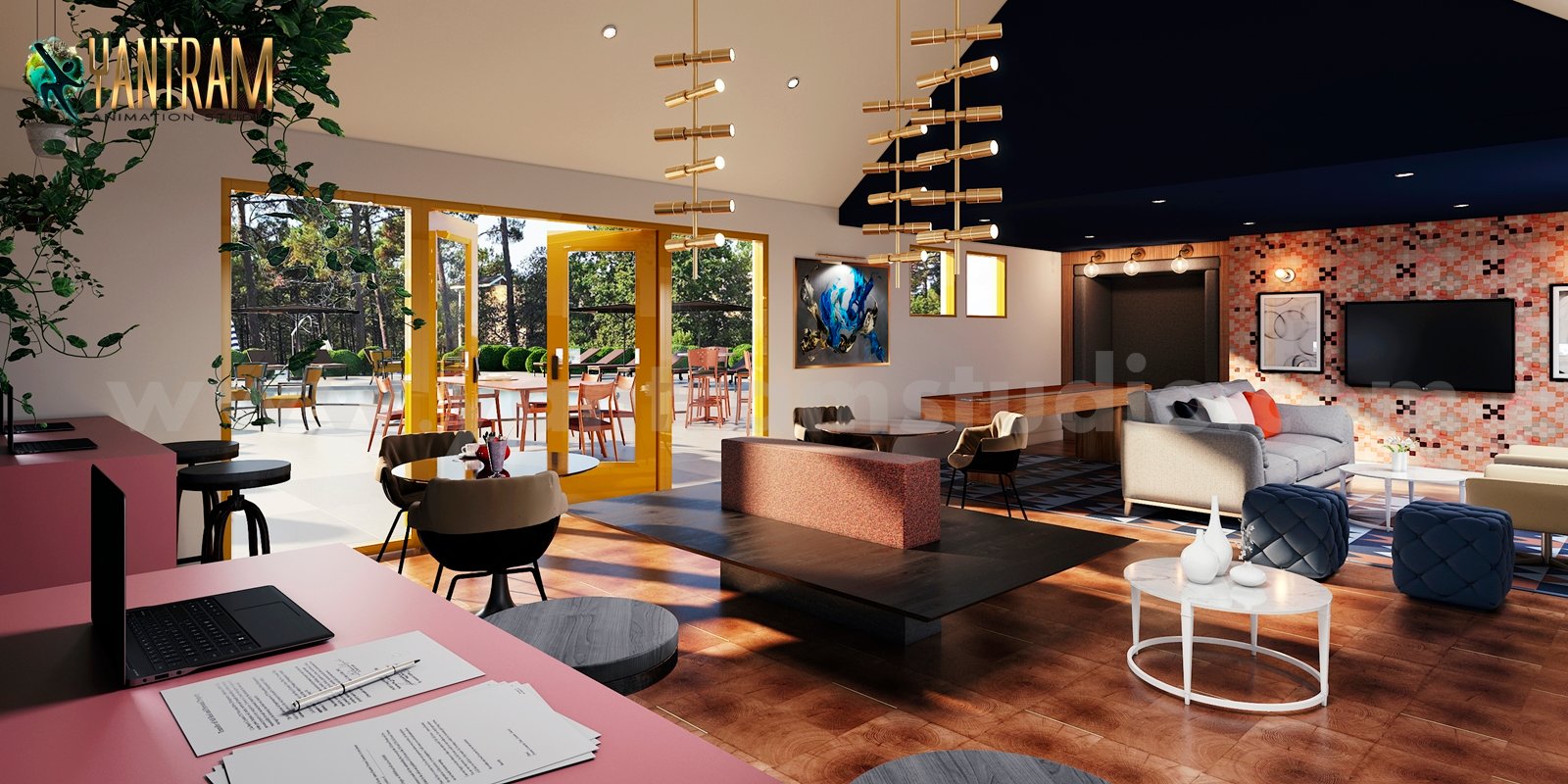 club house 3d interior rendering, Paris, France