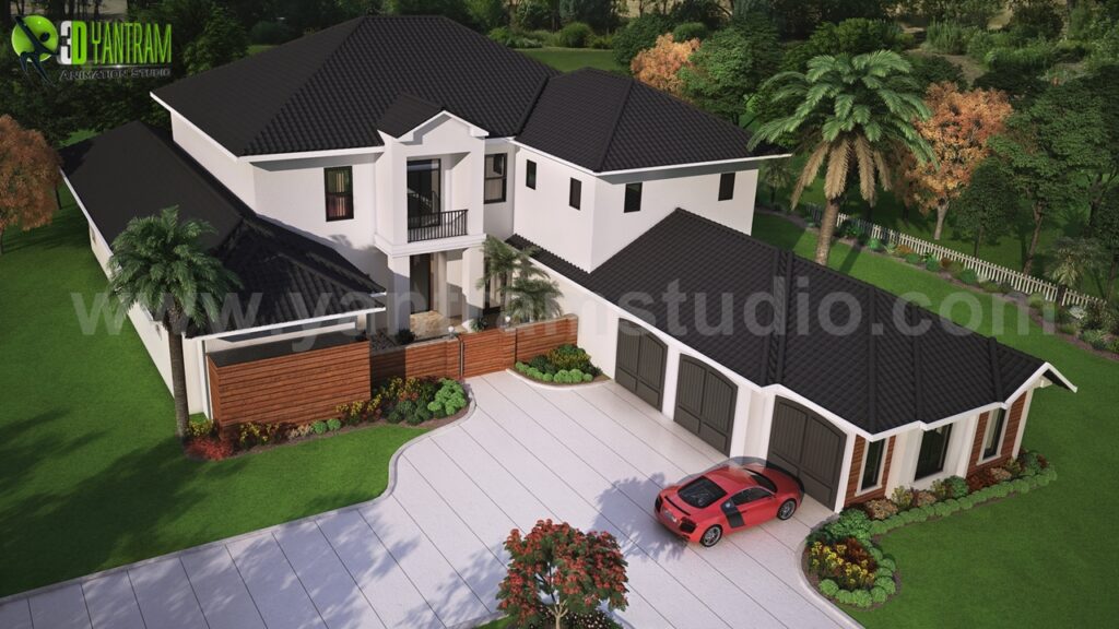 Modern 3D Exterior Rendering (top view) with brown metal Roof House 3d architectural design, Washington – USA