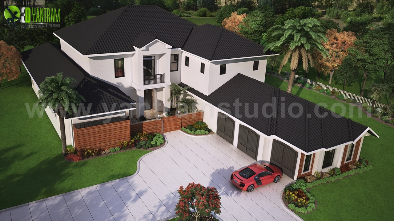 Modern 3D Exterior Rendering (top view) with brown metal Roof House by Yantram 3d Architectural design Studio, Washington – USA