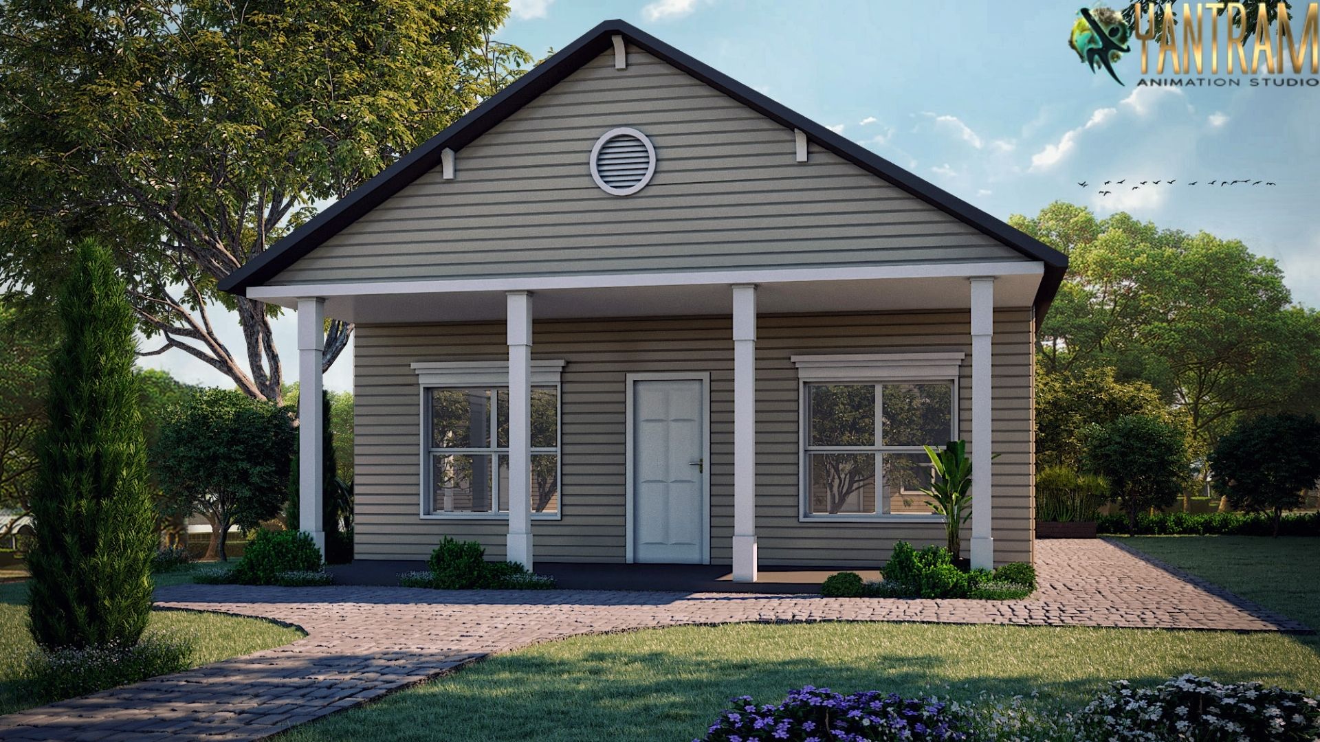 3D Exterior Modeling of Small House with Garden by architectural design studio, Indianapolis, Indiana.