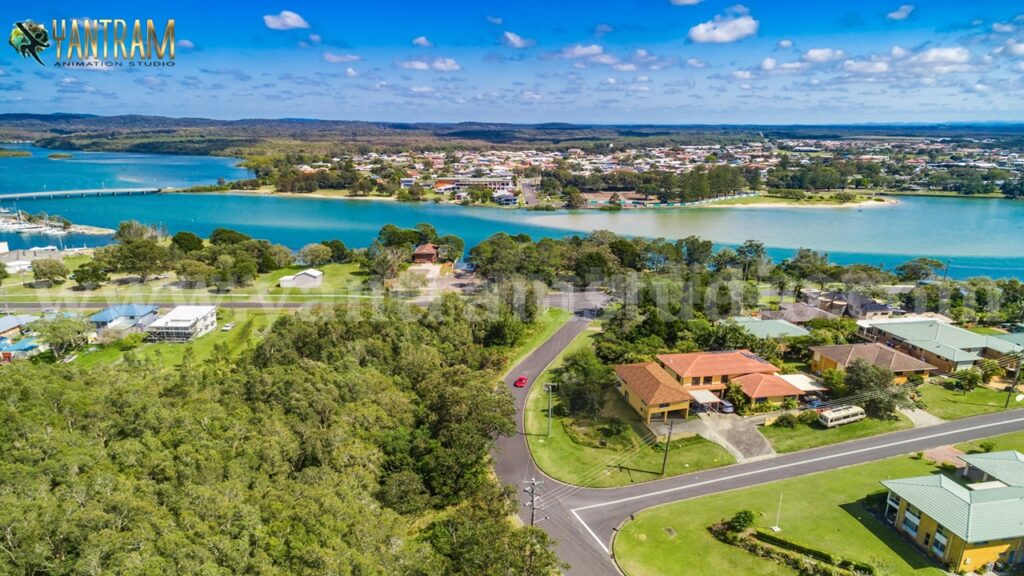 landscaping Bird-eye View Crossing Streets with river bridge aerial drone of 3d exterior rendering services , California – USA