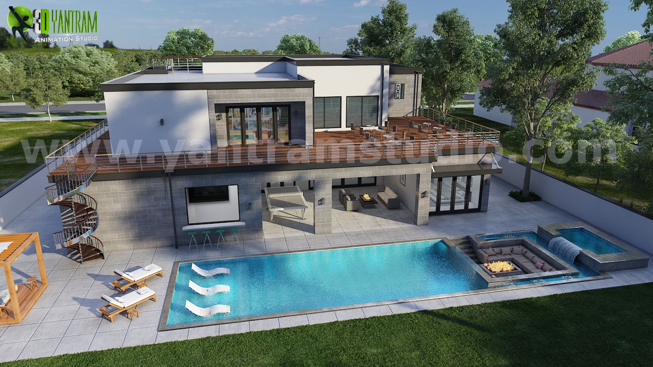 Architectural Walkthrough of House with pool side view  By 3d architectural animation studio San Jose, California