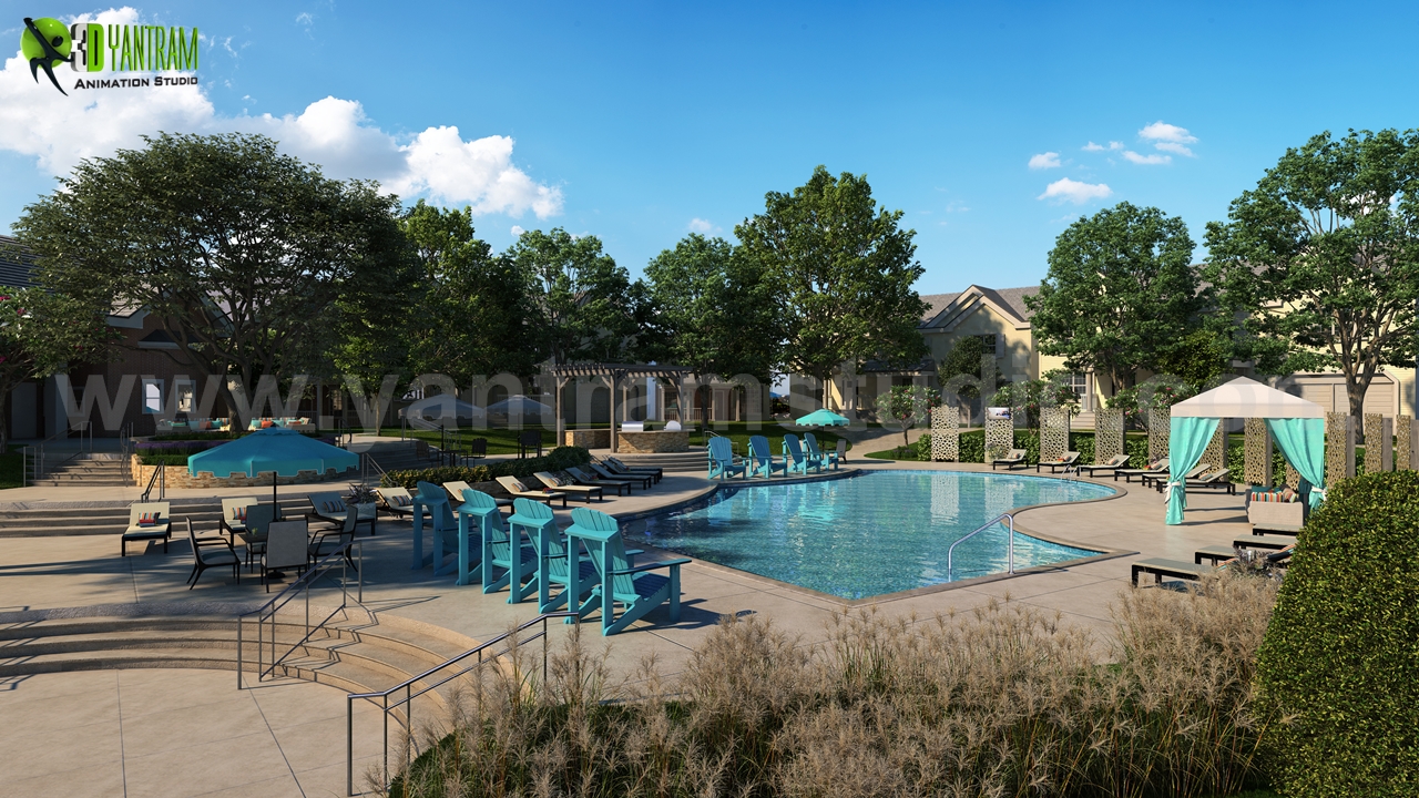 Modern 3D Exterior Pool View Rendering Developed By Yantram 3D Architectural Design Studio, San Francisco – USA