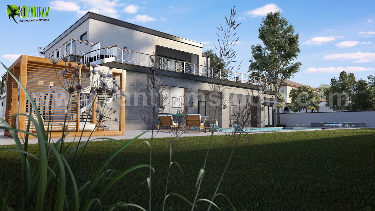 3d Virtual Walkthrough of Private Villa’s Exterior View By yantram animation studio-Los Angeles California