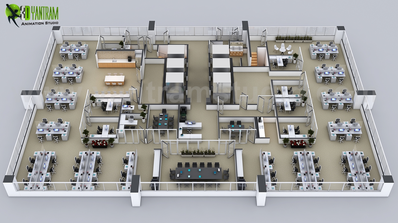 Check Out These 3D Floor Plan Commercial of the Sets for The Office by Yantram Architectural Design Studio – Dubai, UAE