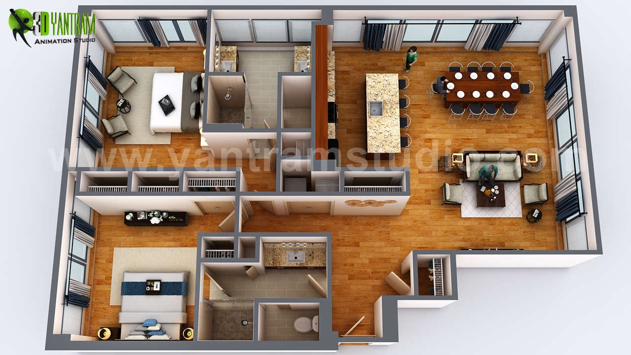 3D Floor Plan Rendering Apartment Design Ideas by Yantram floor plan design companies, Houston – Texas