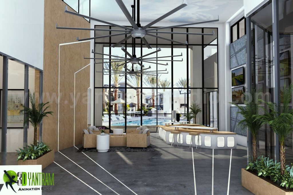 3d Interior visualization of Club House Lobby View Design Ideas, San Francisco – USA