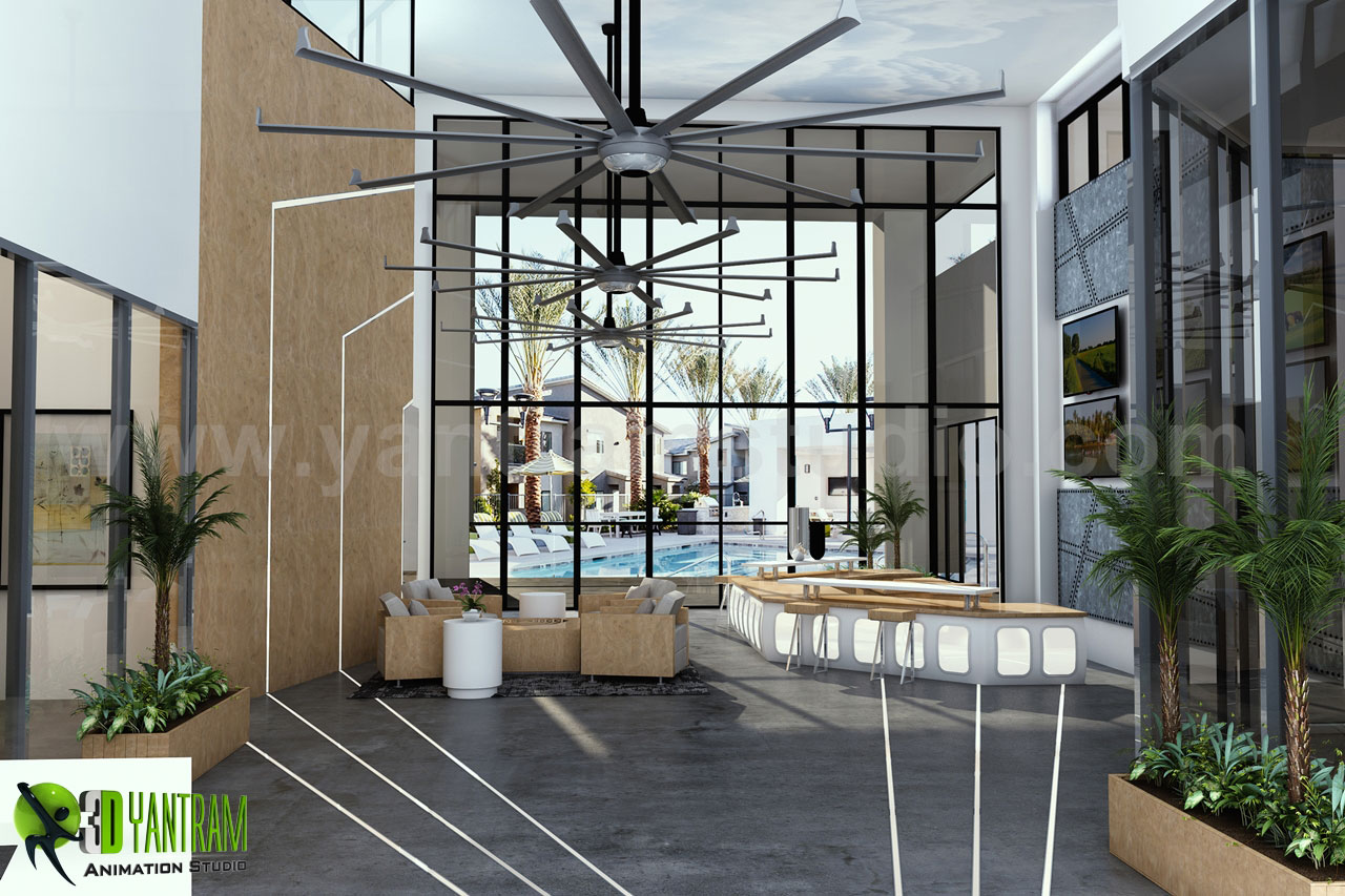 3d Interior visualization of Club House Lobby View Design Ideas by Yantram Architectural Visualisation Studio, San Francisco – USA