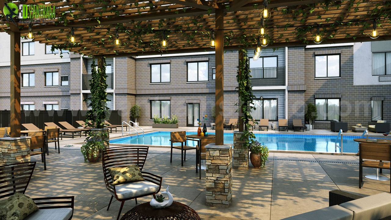 3D Exterior Visualization of Courtyard & Pool Design By Yantram Architectural Visualisation Studio, London – U.K