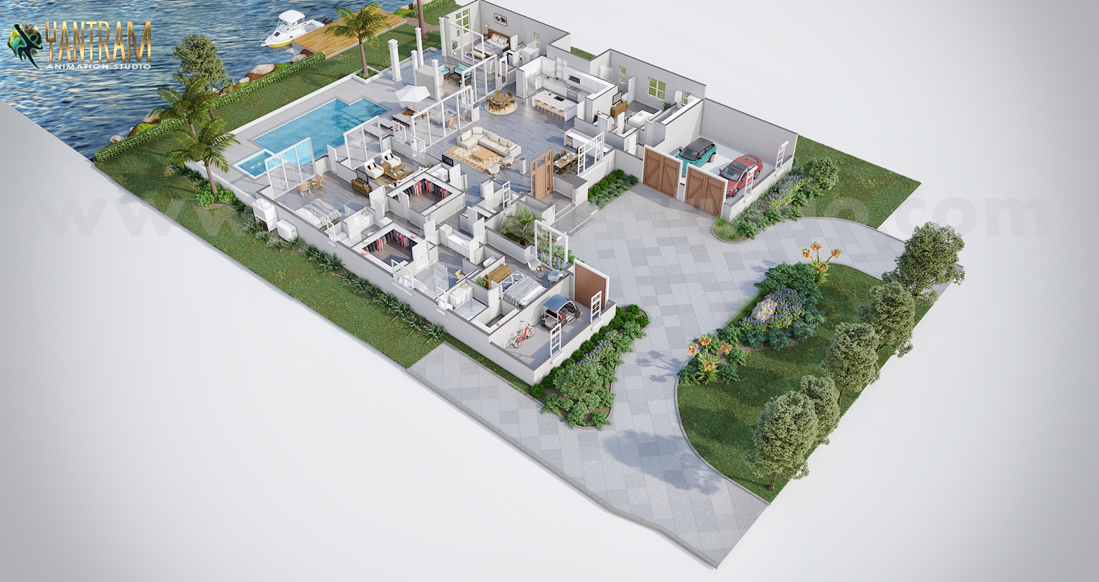 Bird Eye view of Residential 3D Virtual Floor Plan with beautiful backyard pool by Yantram 3d Floor Plan Creator, Houston,Texas