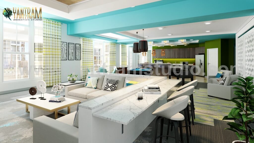 Clubhouse Sitting Area including Pool Table with Kitchen of architectural modeling firm, Paris – France