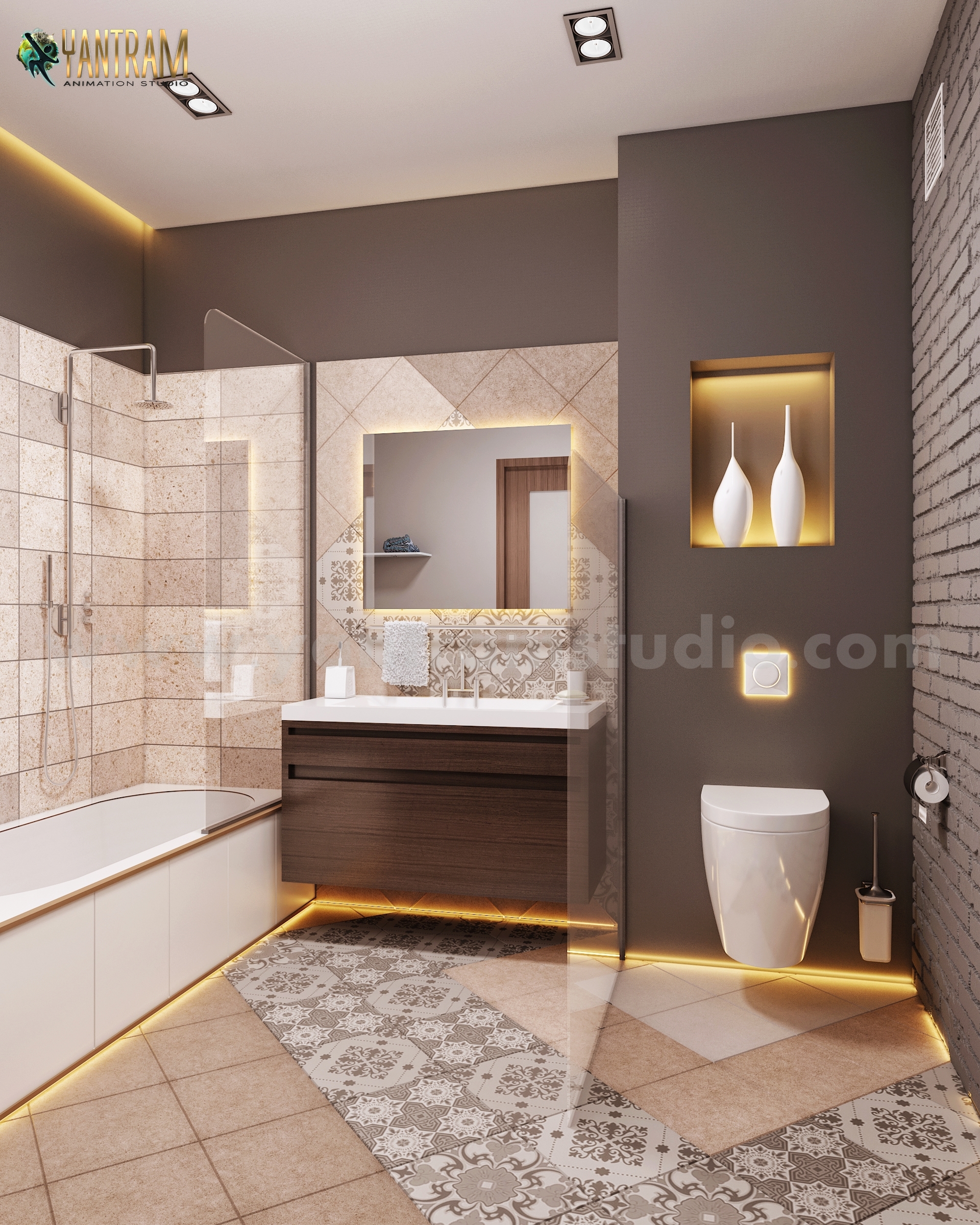 3d interior rendering of Contemporary Bathroom by Yantram Architectural Animation Services, Qatar – Doha