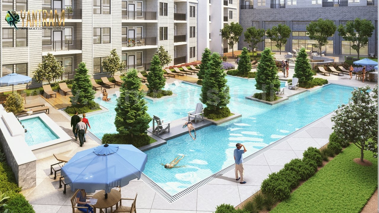 Gorgeous Courtyard Landscape Pool View Design Ideas of 3d exterior rendering services, Brussels – Belgium