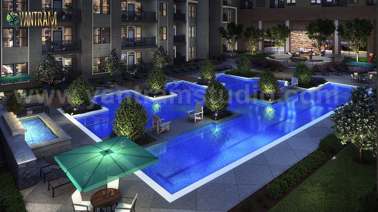 Gorgeous Courtyard Landscape Pool View Design Ideas of 3d exterior rendering services,  Brussels – Belgium