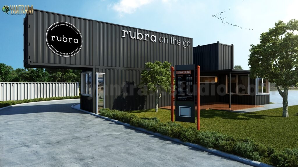3d exterior modeling of rubra coffee shop, new york, USA