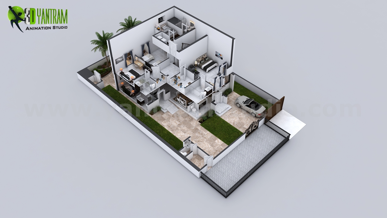 3D Floor Plan of 3 Story House with Cut-Section View by Yantram 3D Floor Plan Designer, Dubai – UAE