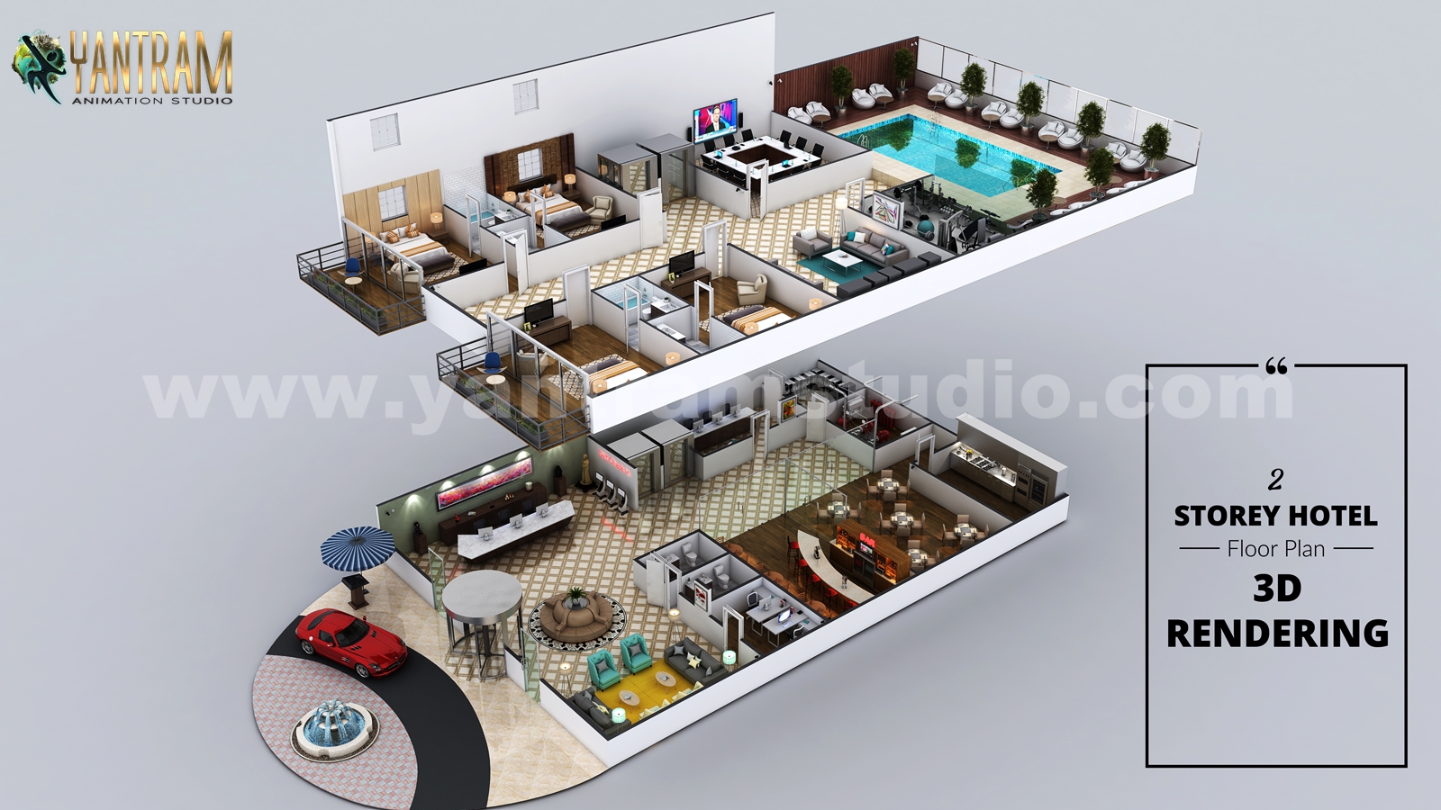 3d floor plan design services to Grand Hotel with Beautiful Backyard Pool by , Cape Town – South Africa