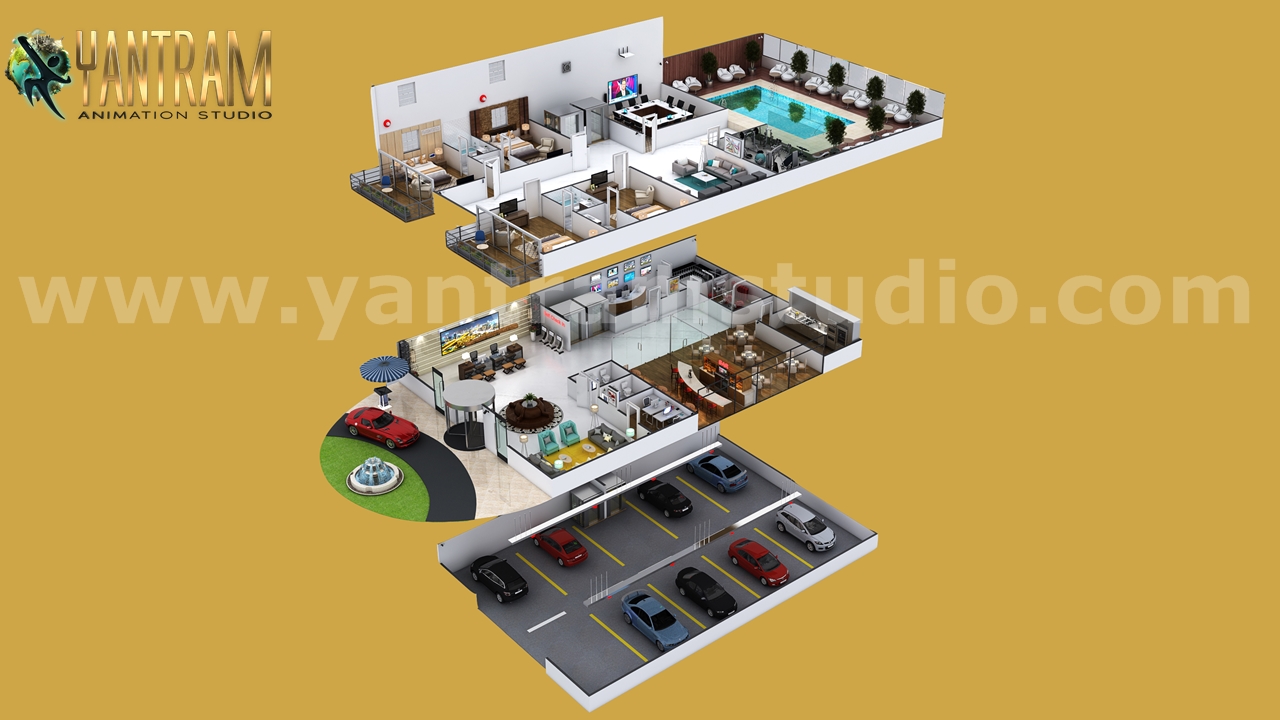 Contemporary Hotel Style 3D Interior Floor Plan Design by yantram floor plan design companies, Los Angeles – USA