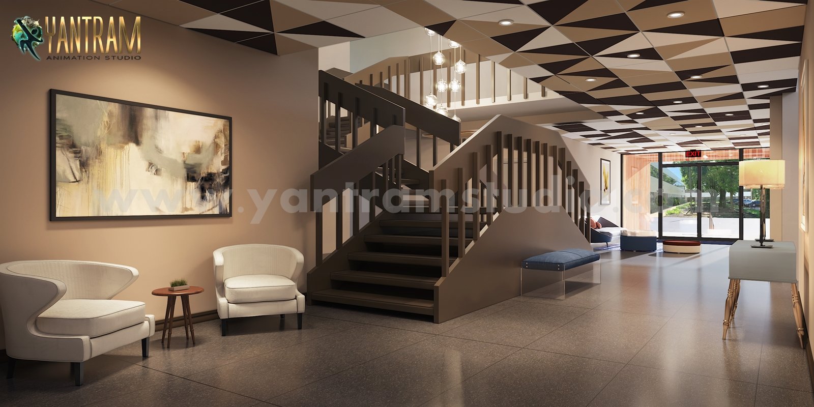 Front View of Commercial 3D Architectural Rendering & Lobby of 3d interior modeling , Paris – France