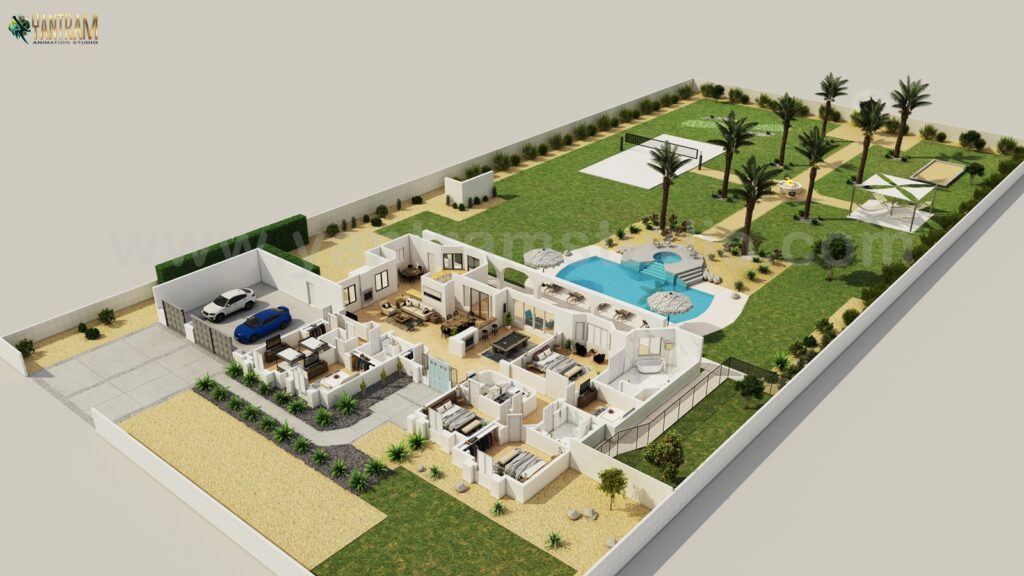 architectural, rendering, visualization, studio, services, design, view, residential, home, bungalow, villa, home, bedroom, living room, kitchen, 5000 sq ft, modeling, designers, garden, parking, site view