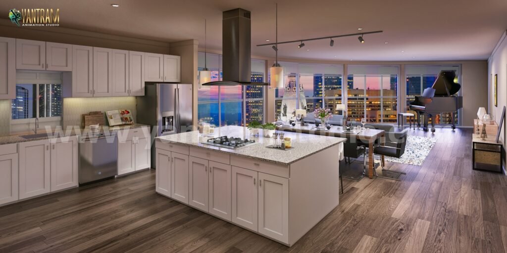 Open Concept Kitchen living 3D Interior Designers with spacious Dining Area by Architectural Rendering Company Perth Australia