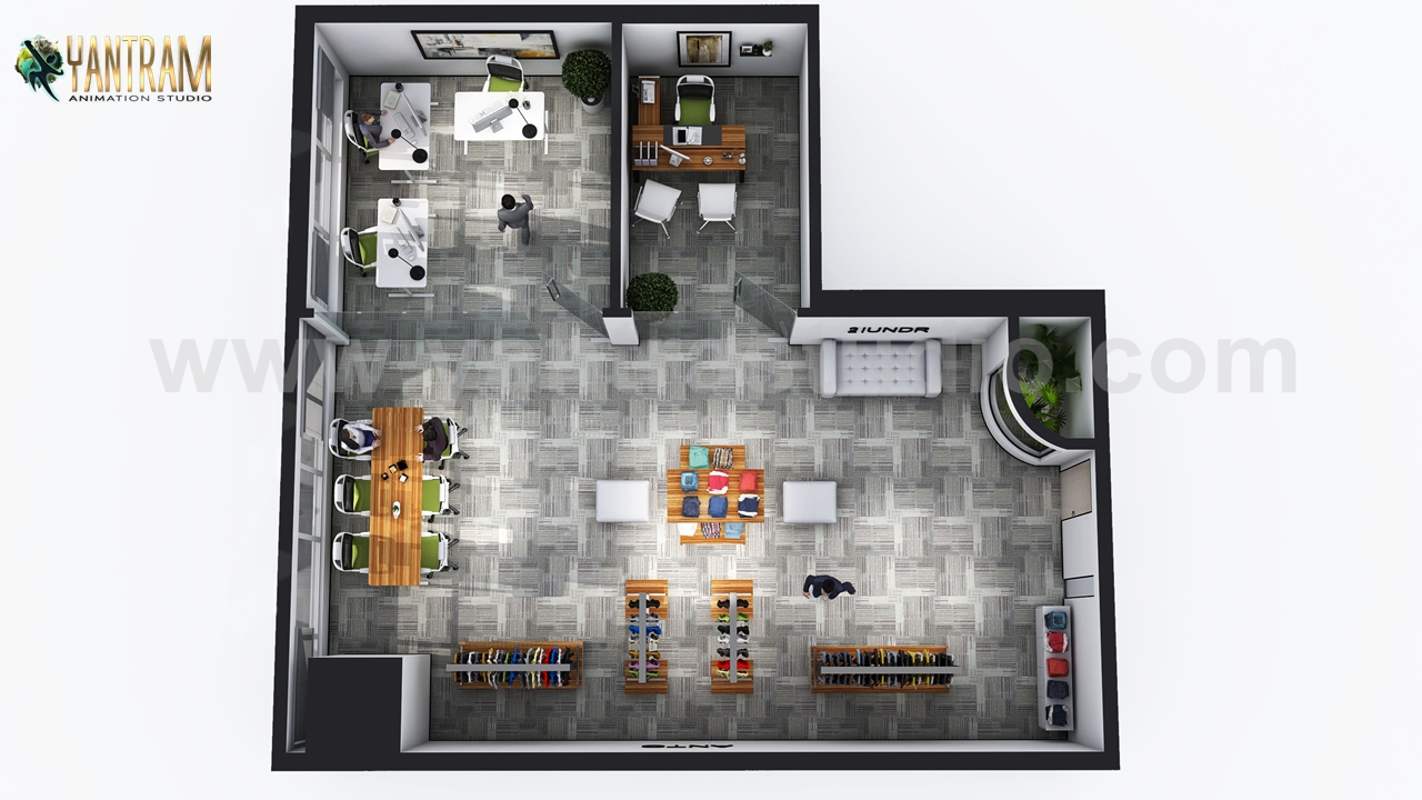 3d floor plan commercial of Open modern Cloth showroom by Yantram Architectural Visualisation Studio, Sydney – Australia