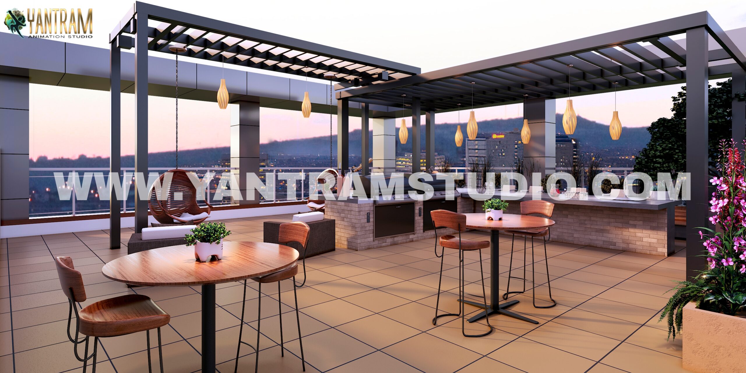 3d interior rendering of Modern Terrace Restaurant design by Yantram 3d interior rendering company