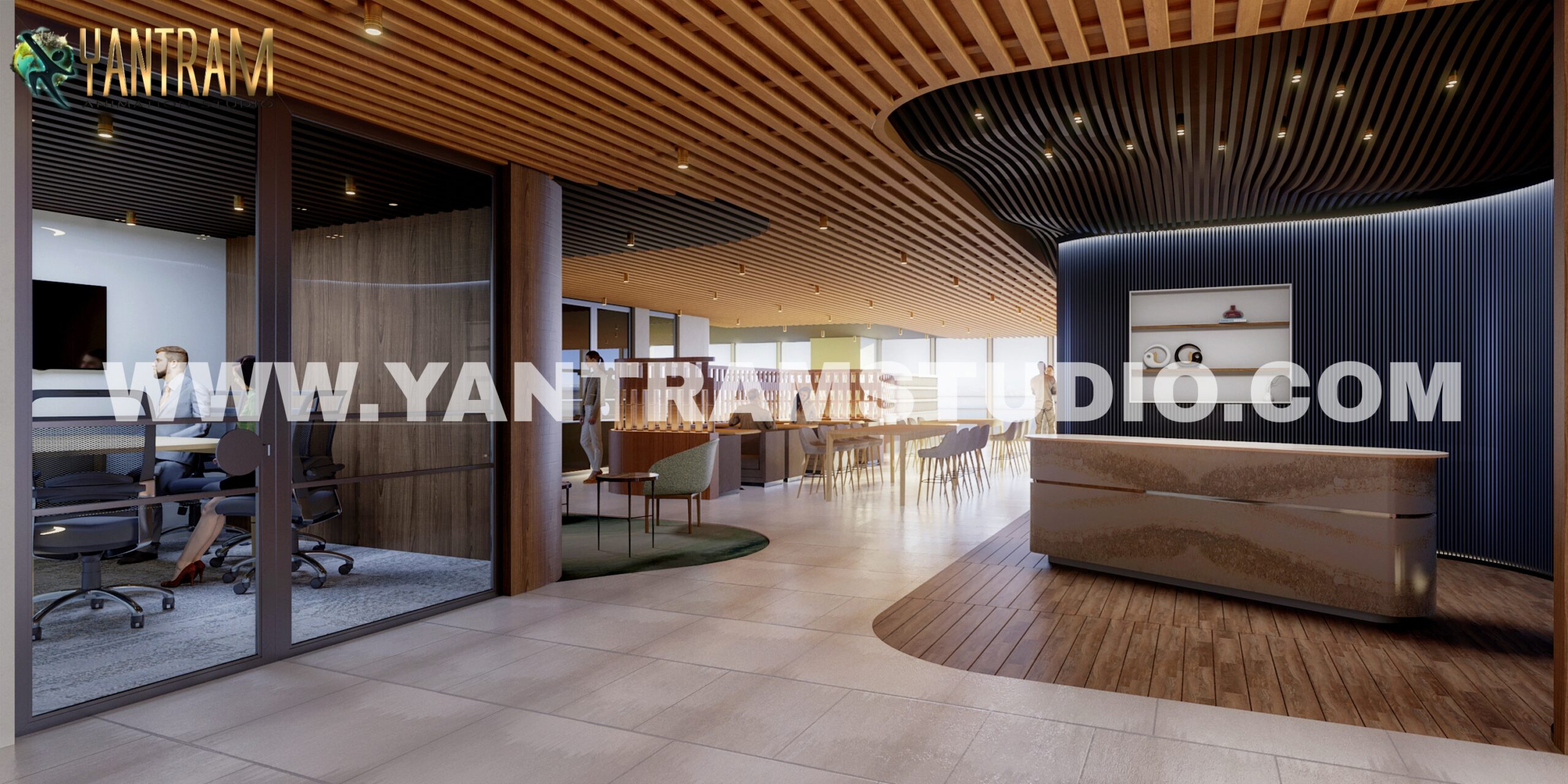 Modern Office Reception Area Interior Design by Yantram 3d interior rendering company, Pearland, Texas