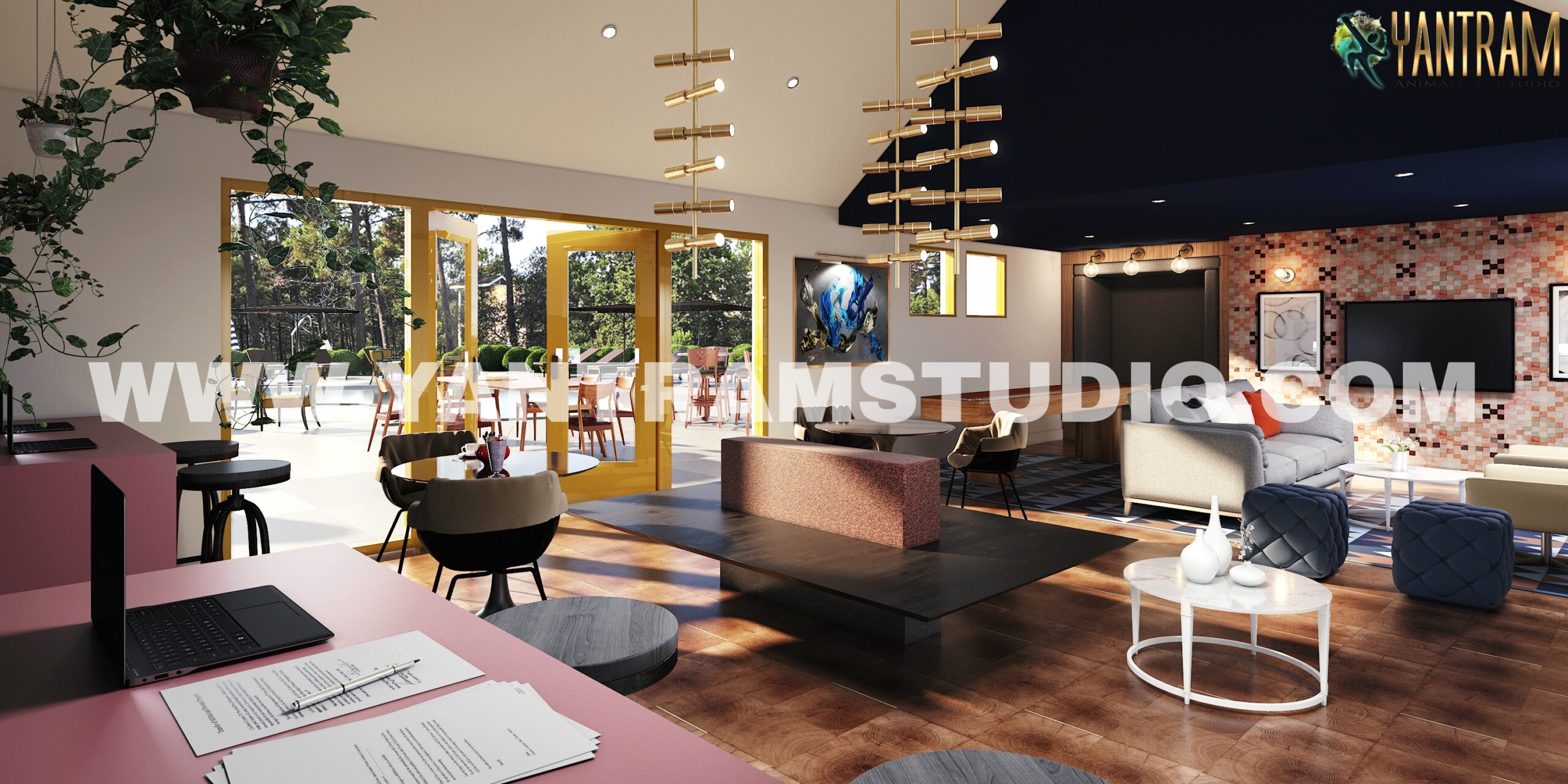 3d interior Modeling of Creative Mid-Century Club House by Yantram architectural modeling firm, Houston, Texas