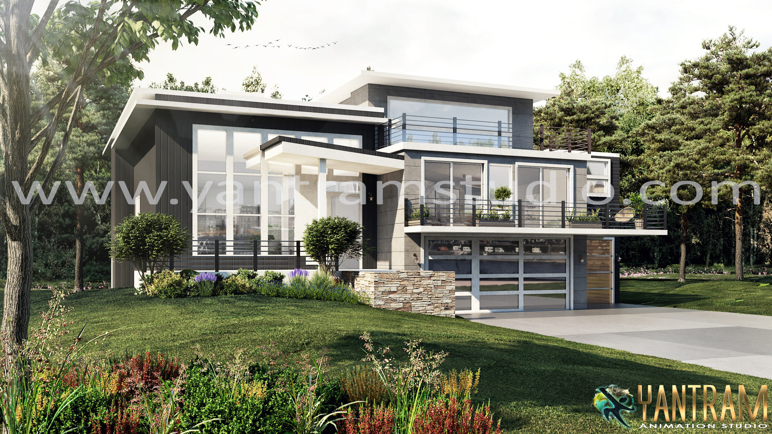 Morden Flat roof 3d exterior visualization house concept by Yantram architectural rendering company, Fort Worth, Texas
