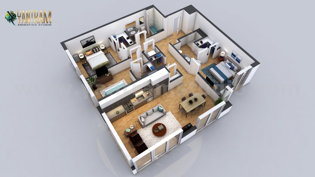 Residential 3D Floor Plan with 2 Bedroom Apartment/House Design of 3d floor plan , Philadelphia – Pennsylvania