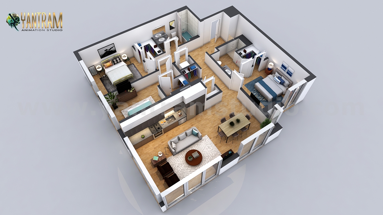 Residential 3D Floor Plan with 2 Bedroom Apartment/House Design by Architectural Modeling Firm, Philadelphia – Pennsylvania
