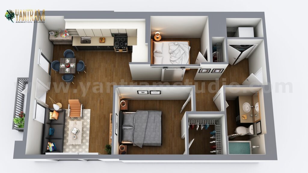 Two Bedroom Residential House of 3D home Floor Plan Design Los Angeles – California
