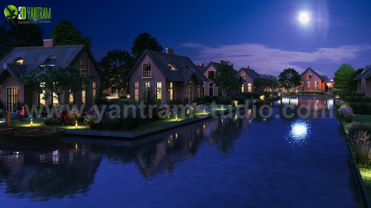 Romantic Night View Of Waterside Villa’s 3D Exterior Modeling By Yantram 3D Animation Studio, Toronto, Canada