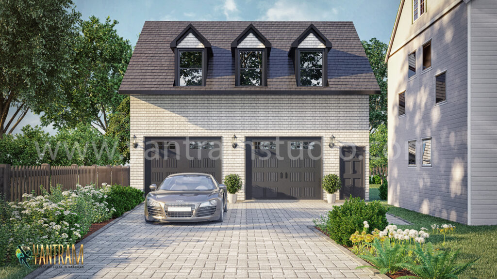 Exterior rendering services to car garage by Yantram 3d architectural visualization Studio – Dallas, Texas