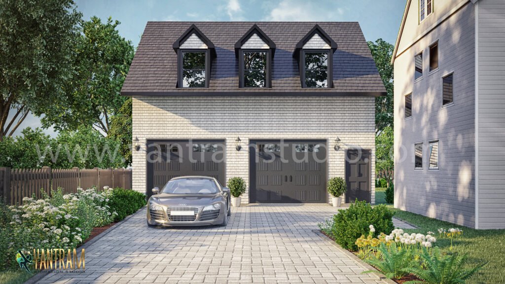 Exterior rendering services to car garage by Yantram 3d architectural visualization Studio – Dallas, Texas